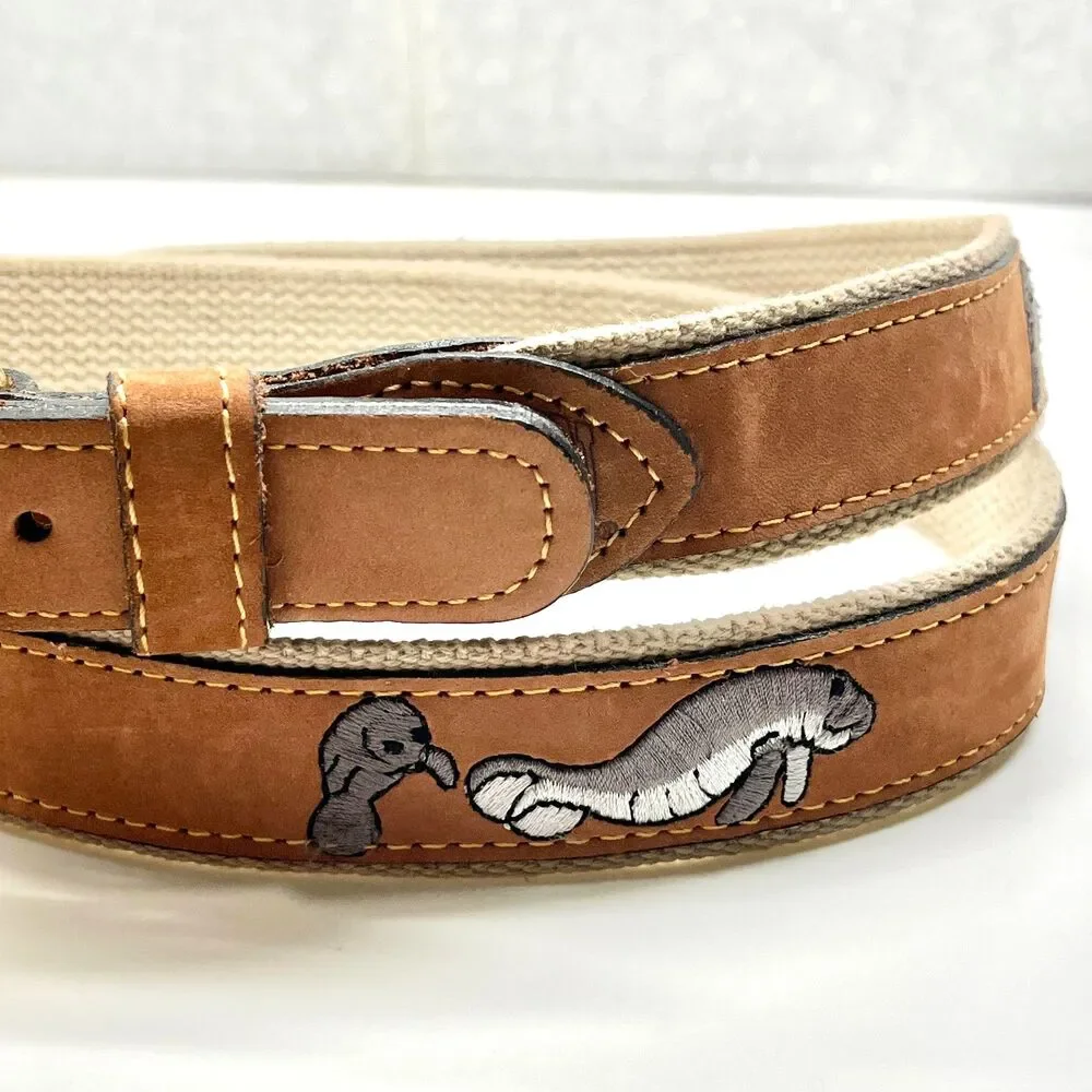 Vtg Zeppelin Mens Manatee Tan Brown Leather Belt Size 46 XL Nautical Brass USA